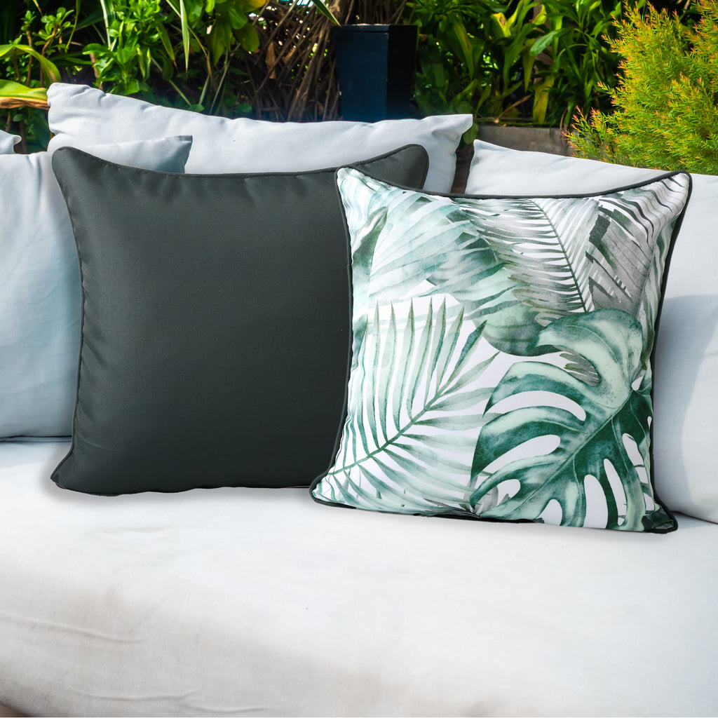 2-Pack Indoor/Outdoor Pillows, Green/Palm Leaves outside