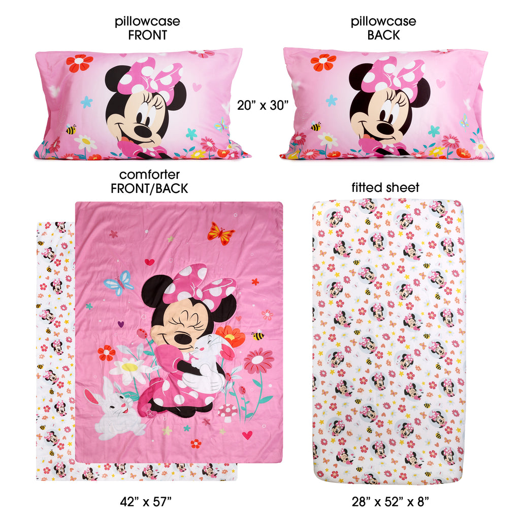 Disney Minnie Mouse 3-Piece Toddler Bedding Set items separated