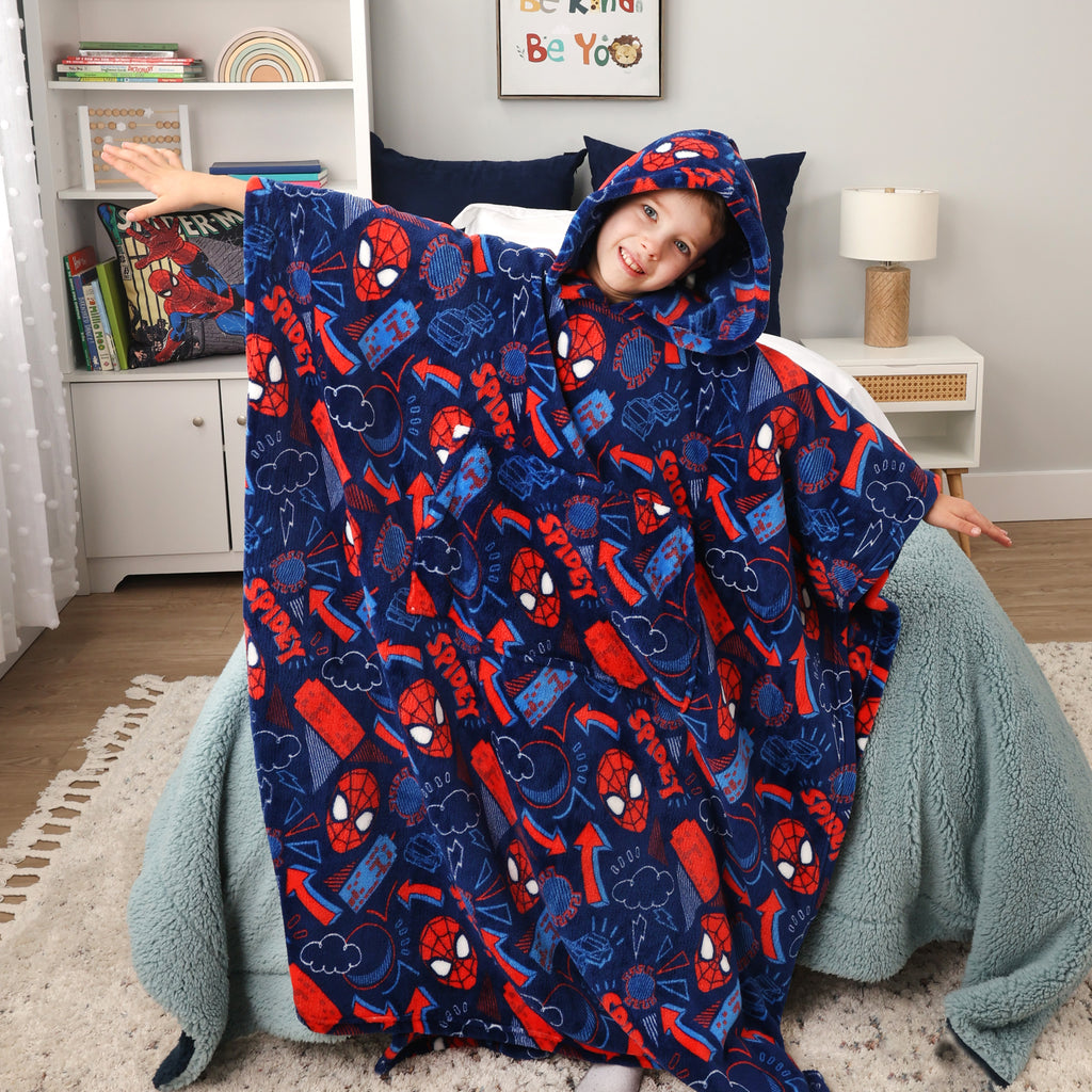 Marvel Spider-Man Kids Hooded Poncho Blanket on model