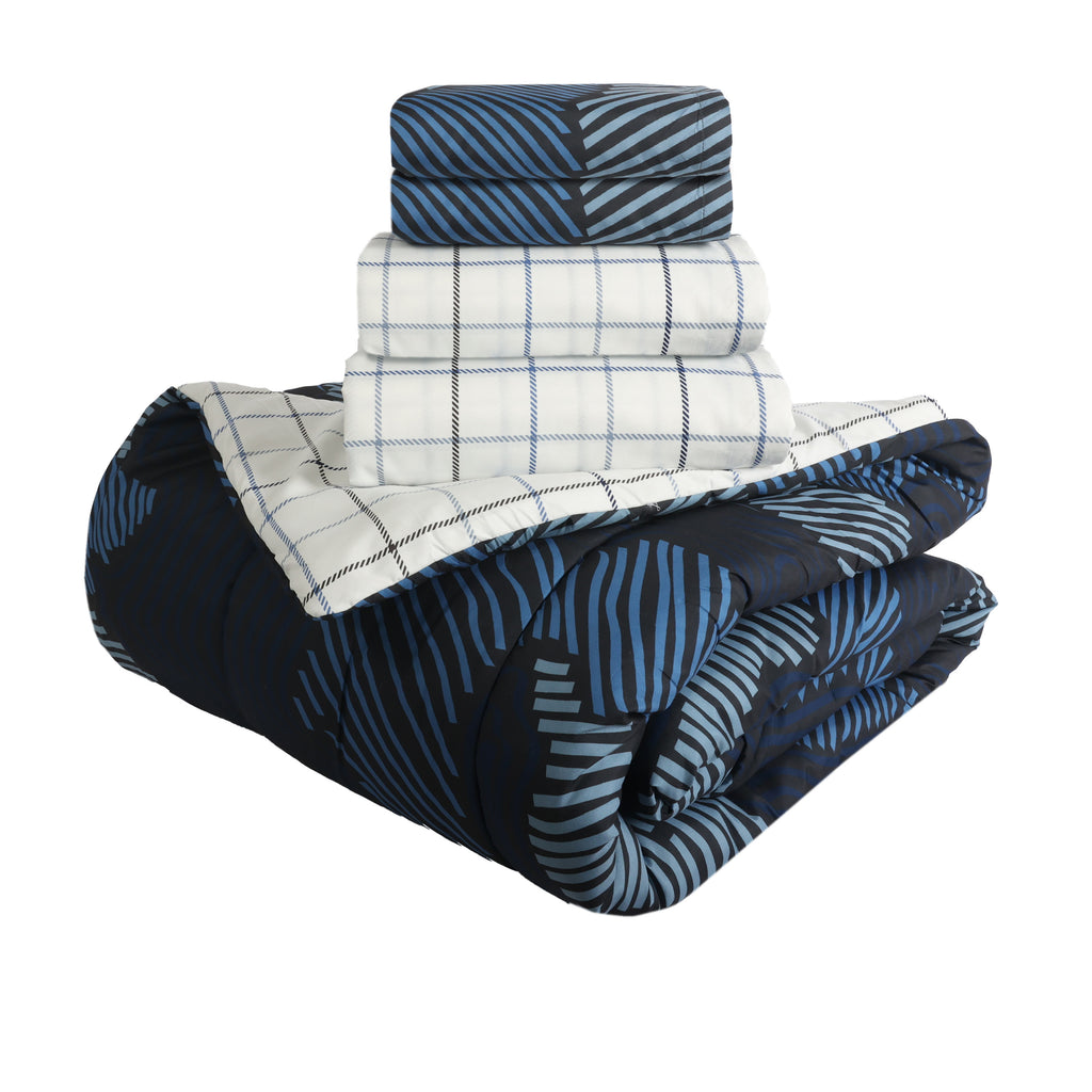 5-Piece Full Bedding Set, Blue Geo stacked