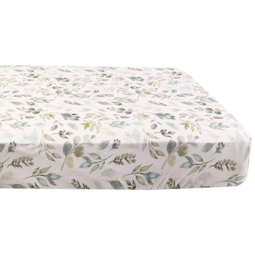 Jersey Fitted Crib Sheet, Botanical on mattress
