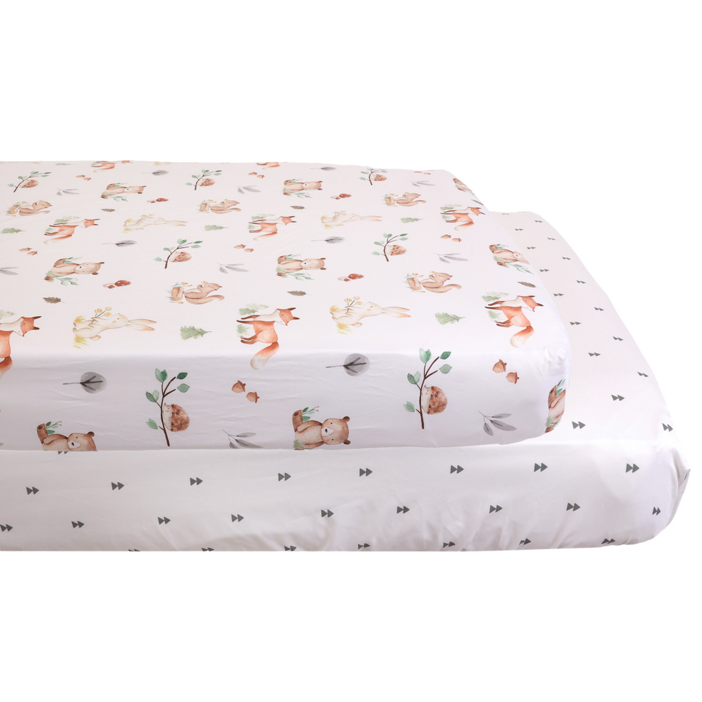 2-Piece Mini Fitted Crib Sheets, Woodland stacked