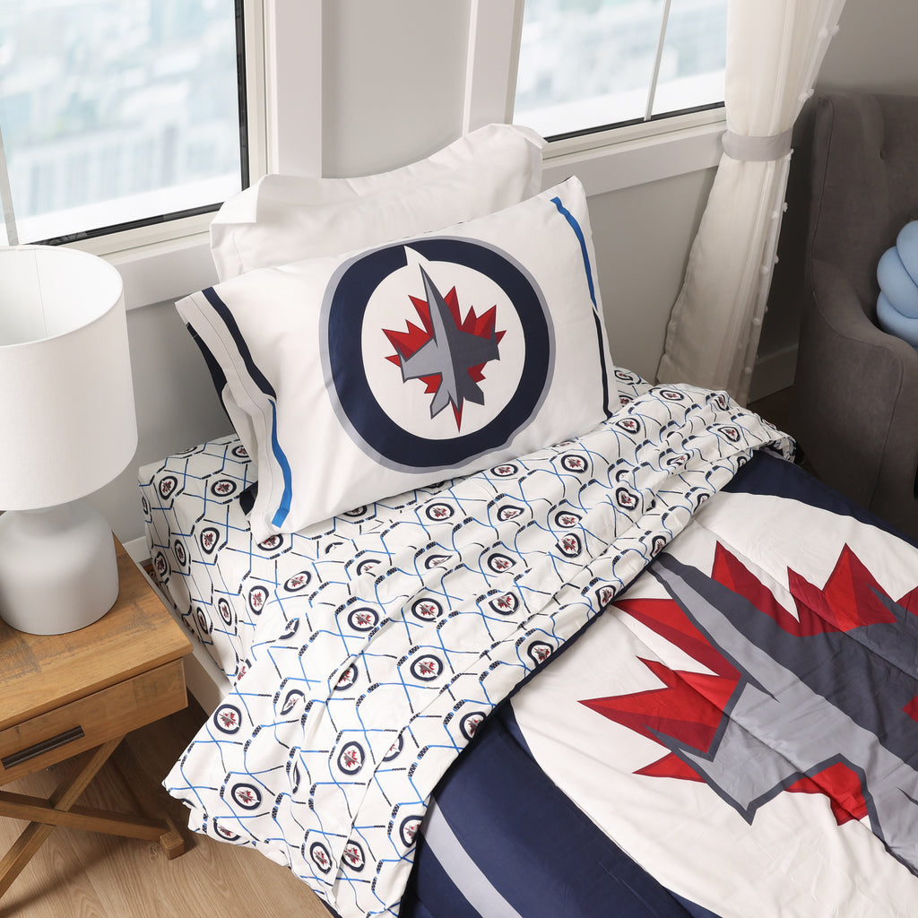 NHL Winnipeg Jets Twin Bedding Set close up room shot