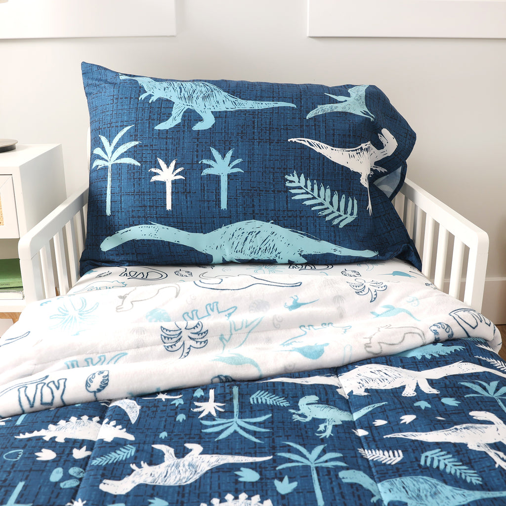 3-Piece Toddler Bedding Set, Blue Dino close up