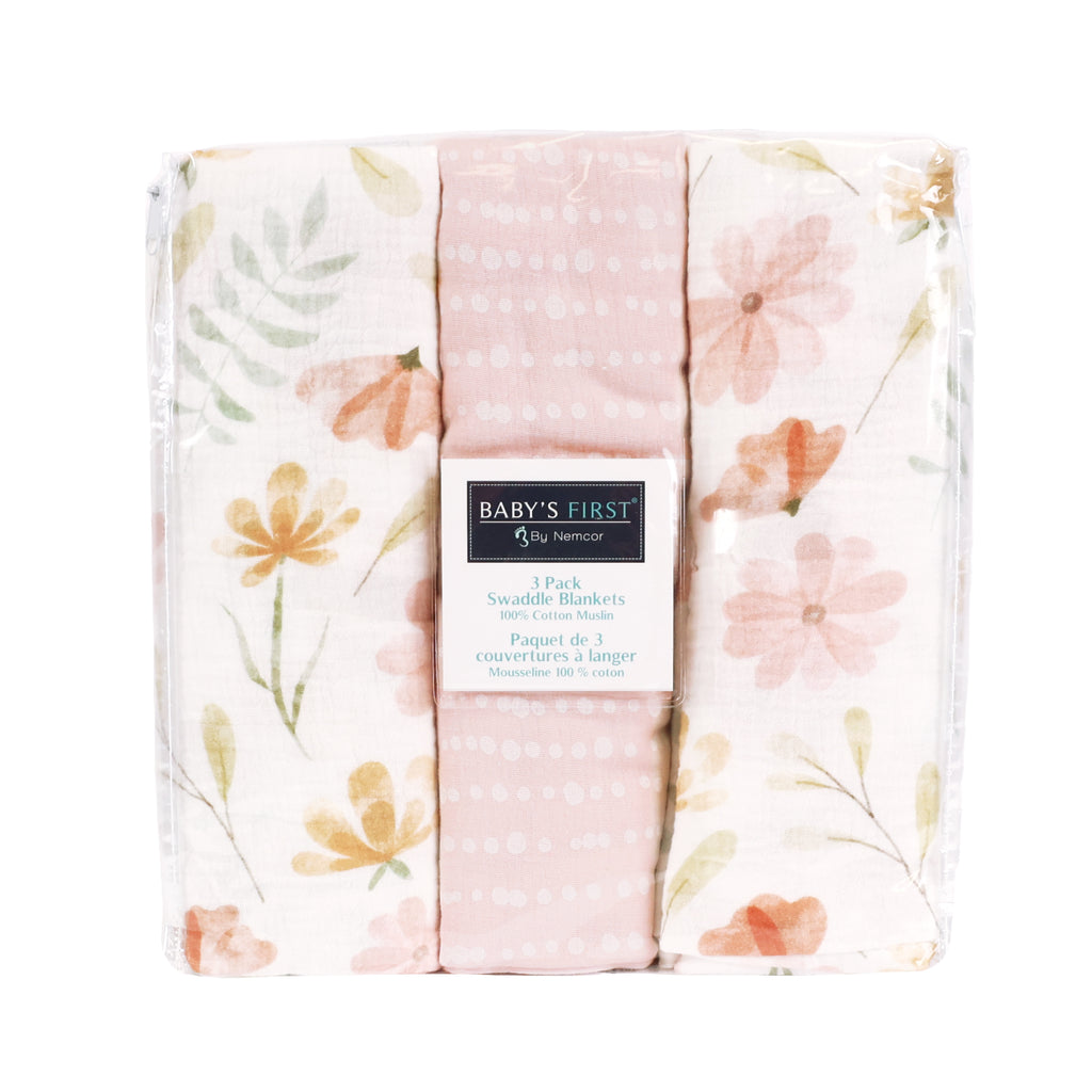 3-Piece Muslin Swaddle Blankets, Floral packaged