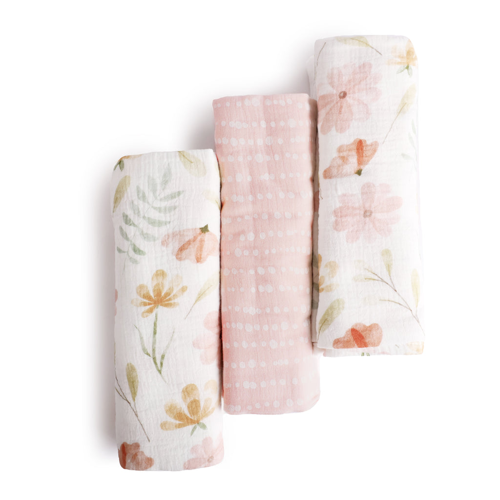 3-Piece Muslin Swaddle Blankets, Floral rolled