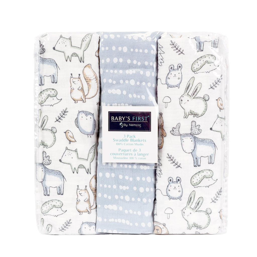 3-Piece Muslin Swaddle Blankets, Woodland packaged