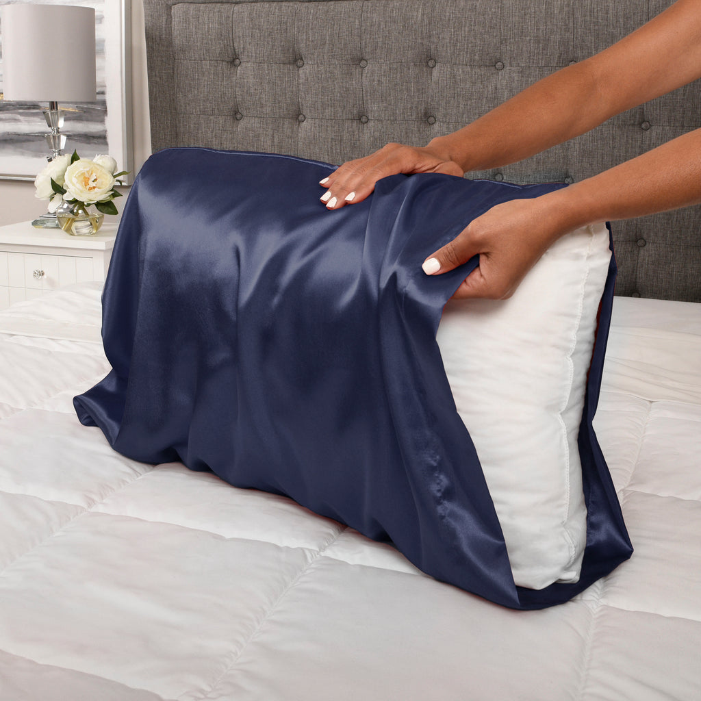 Life Comfort 2-Piece Satin Pillowcase, Navy 20" x 36" putting on