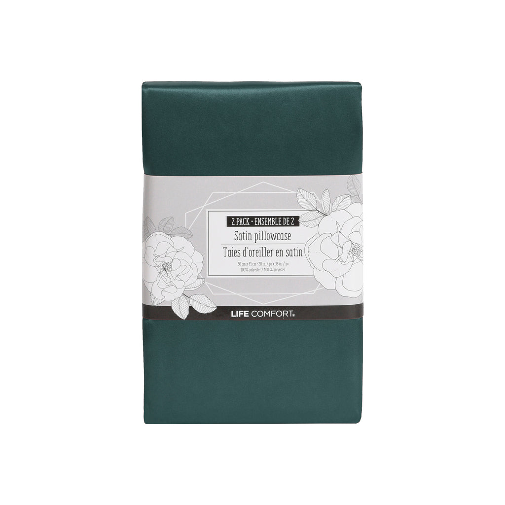 Life Comfort 2-Piece Satin Pillowcase, Green 20" x 36" packaged