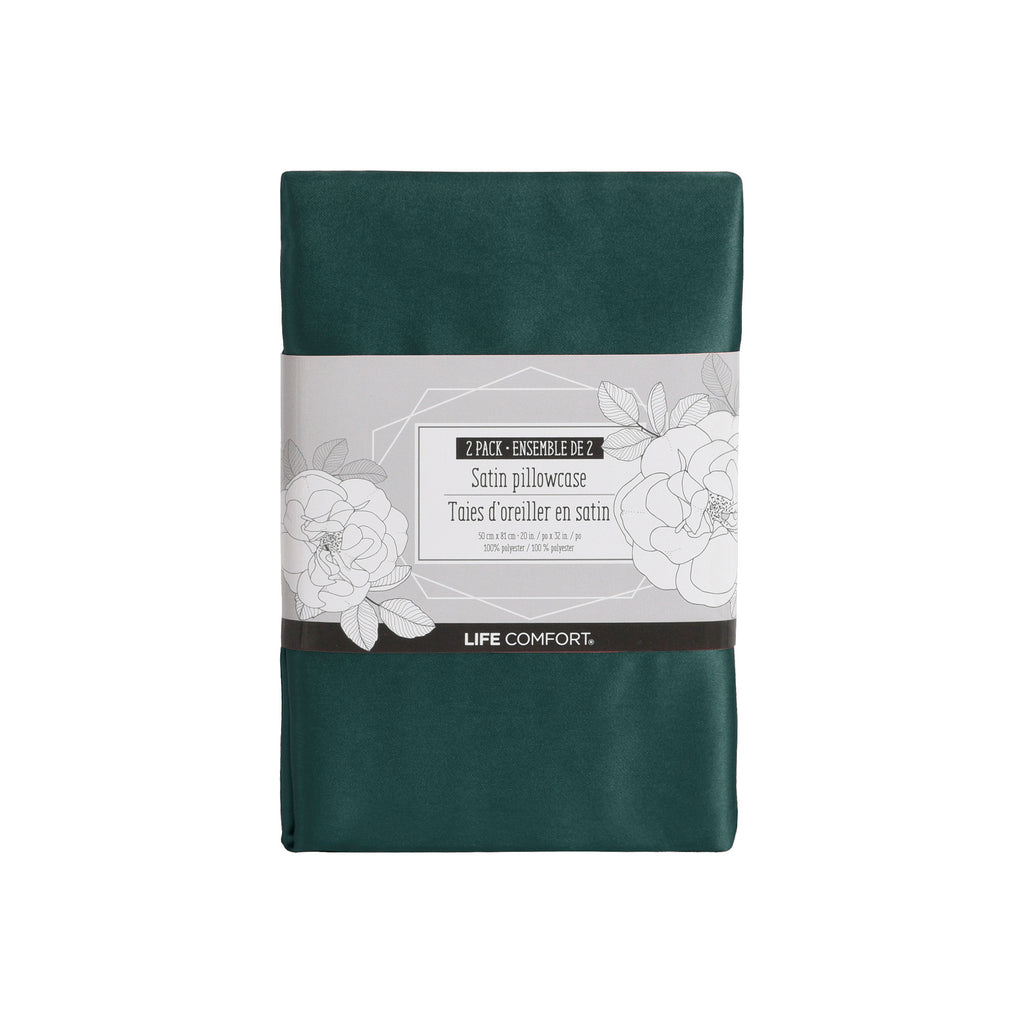 Life Comfort 2-Piece Satin Pillowcase, Green 20" x 32" packaged