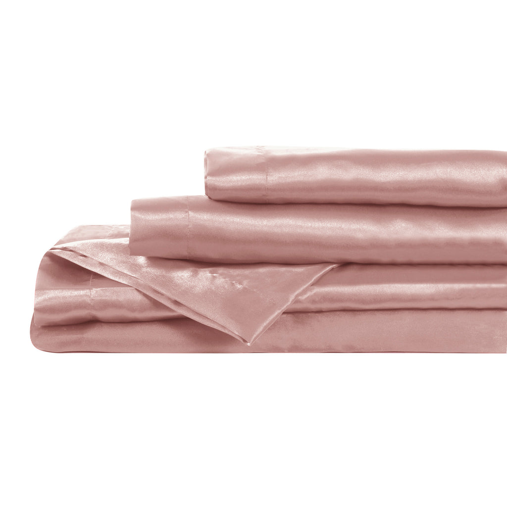 4-Piece Satin King Sheet Set, Pink stacked