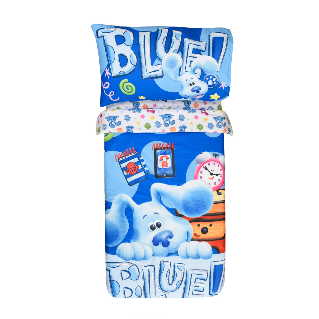 Blue's Clues Toddler Bedding Set on a bed on white background