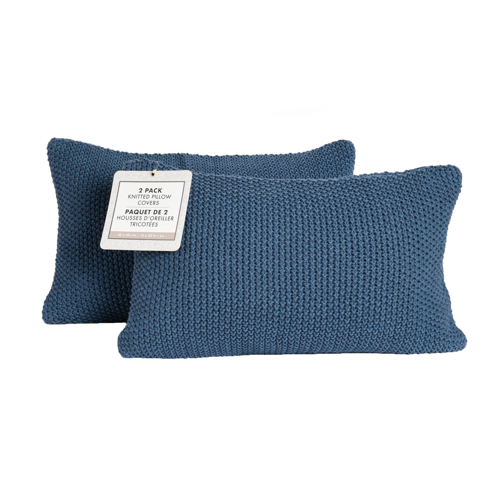 Two 12 by 20 inch Navy Cotton Knit Pillow Covers packaged