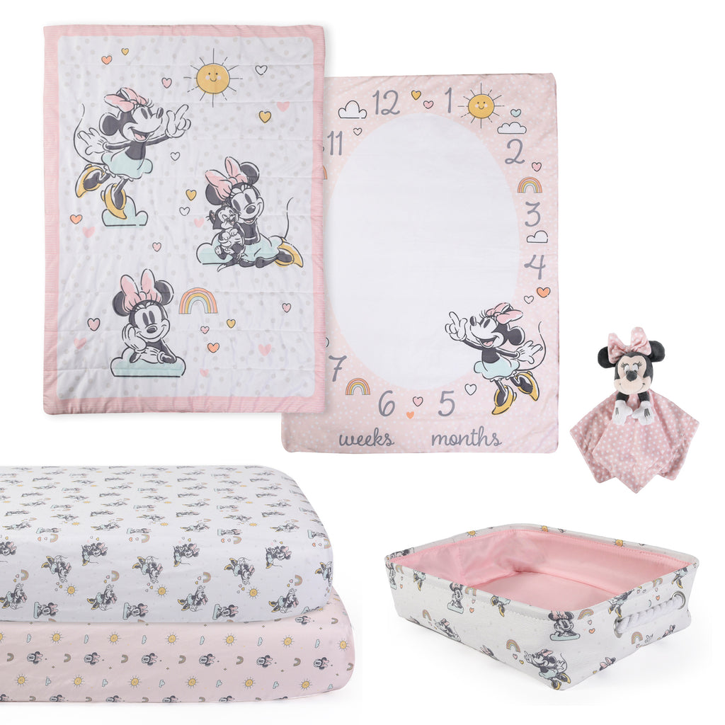 Disney Minnie Mouse 5-Piece Nursery Bundle items seperated