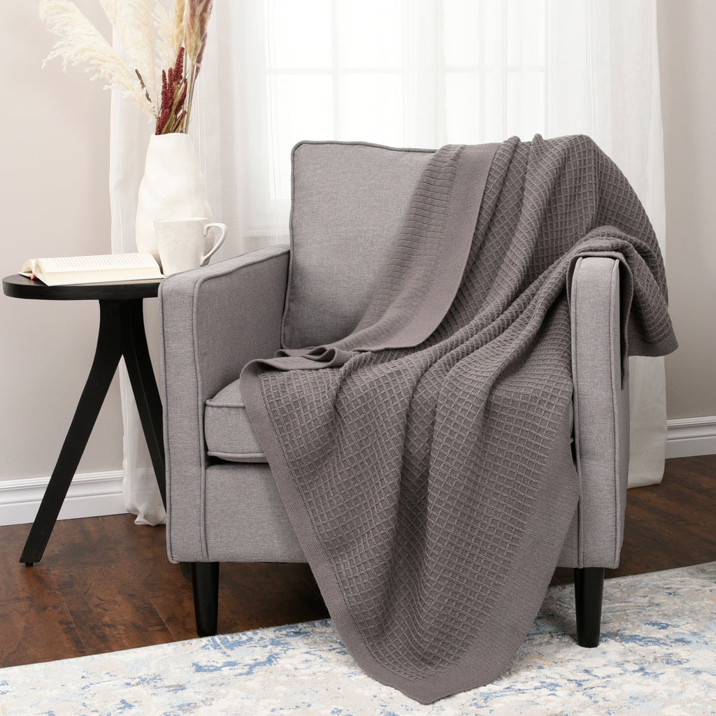 Life Comfort Recycled Waffle Knit Throw, Grey 50" x 60" room shot