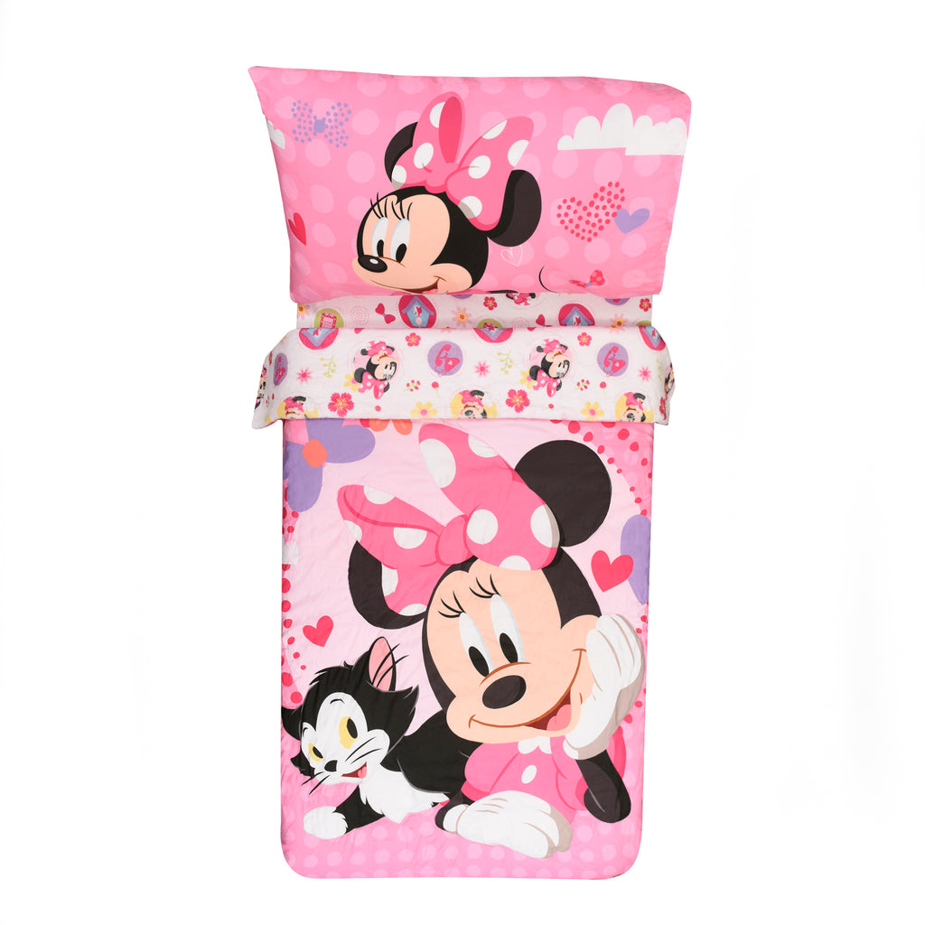 Disney Minnie Mouse Toddler Bedding Set on a bed on white background