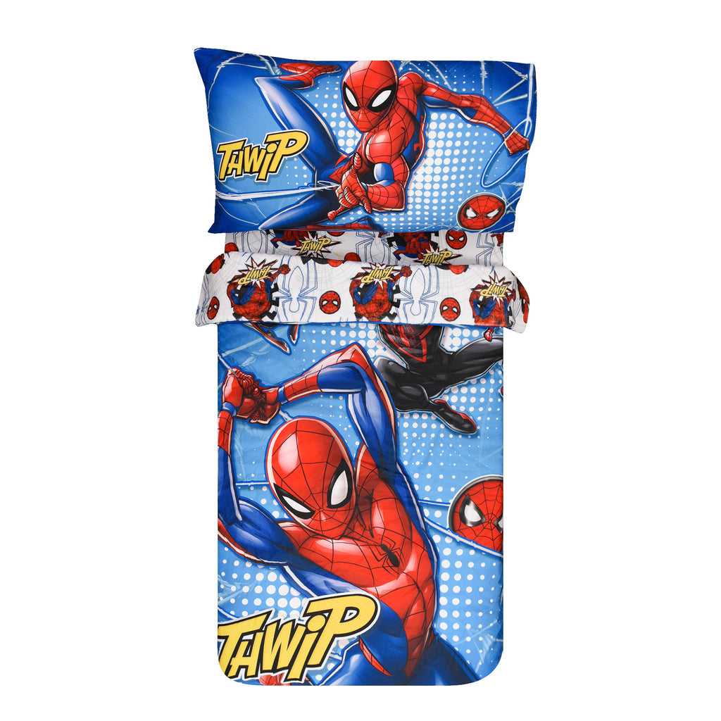 Marvel Spider-Man Toddler Bedding Set on a bed on white background