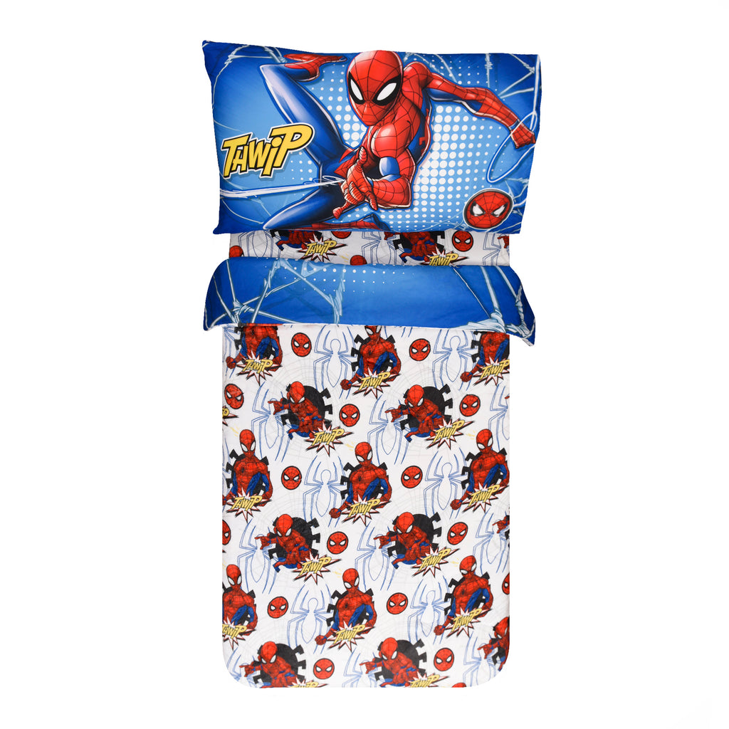  Marvel Spider-Man Toddler Bedding Set reversed comforter on a bed on white background