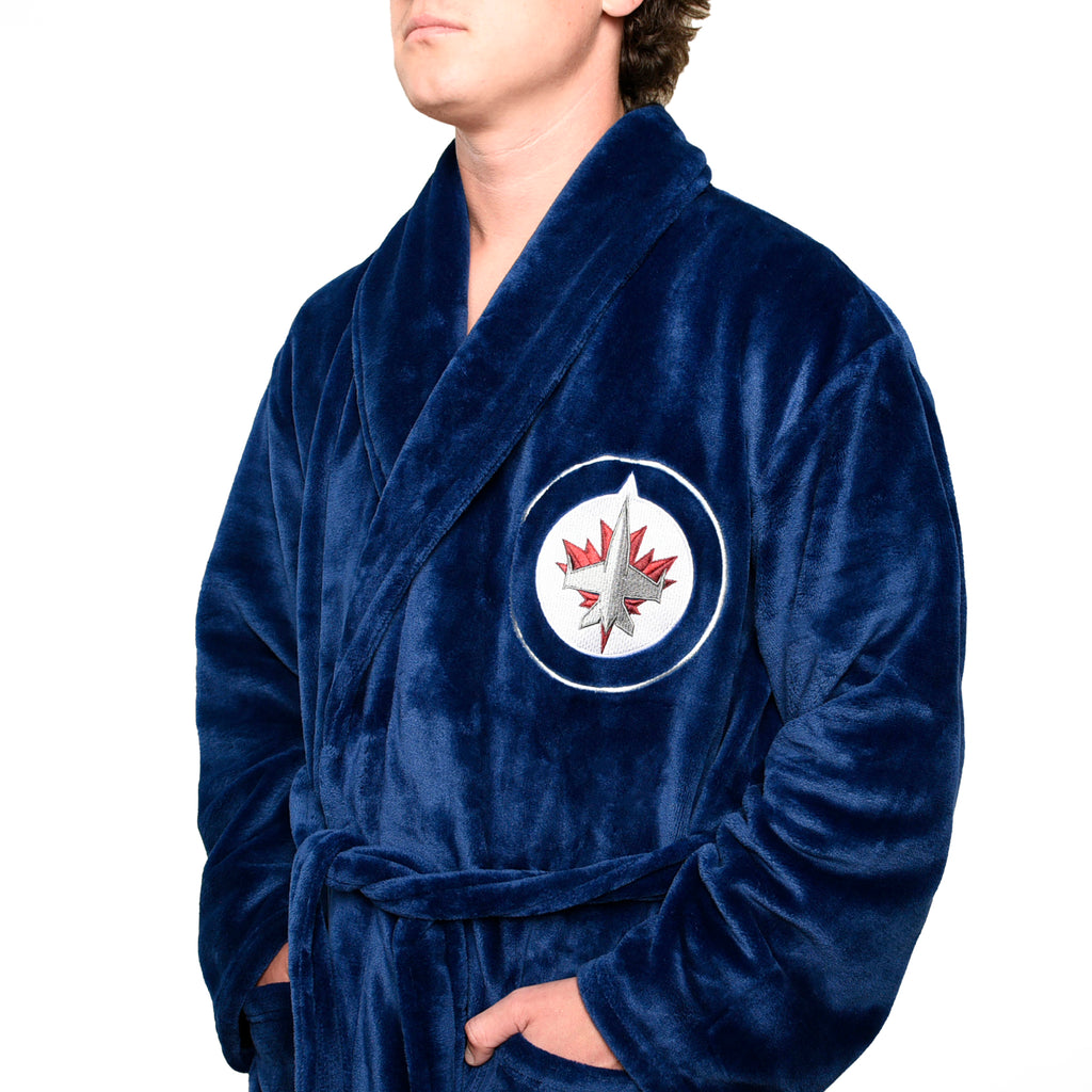 NHL Winnipeg Jets Men's Robe close up on model quarter view