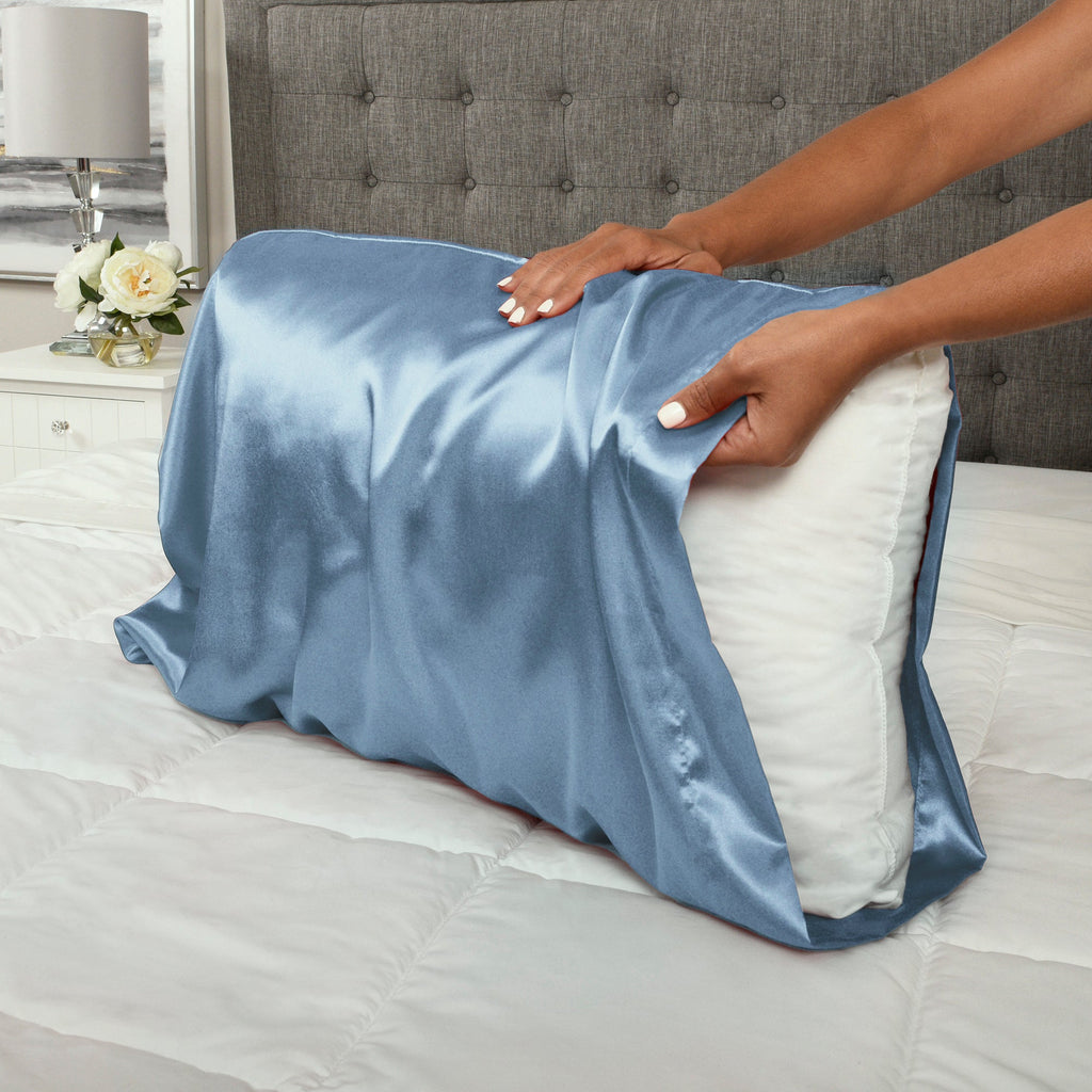 Life Comfort 2-Piece Satin Pillowcase, Blue 20" x 32" putting on pillow
