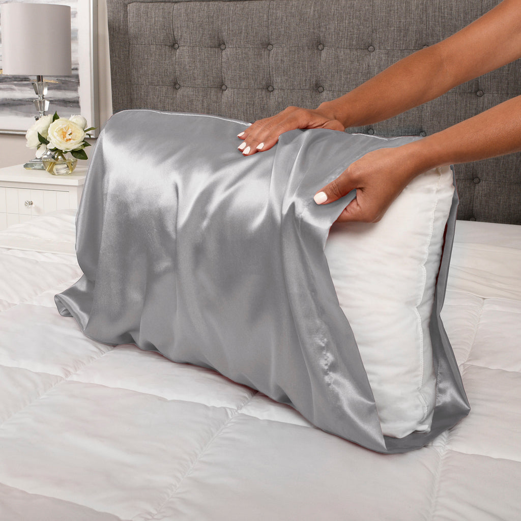 Life Comfort 2-Piece Satin Pillowcase, Grey 20" x 32" putting on pillow