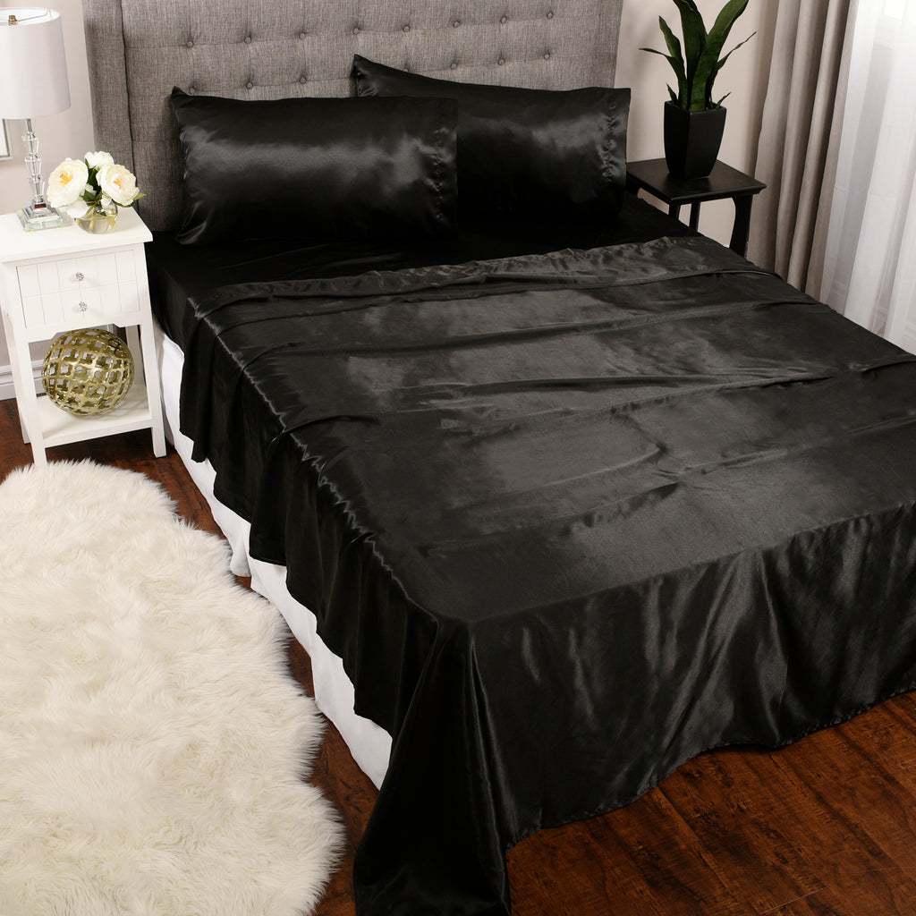4-Piece Satin King Sheet Set, Black room shot